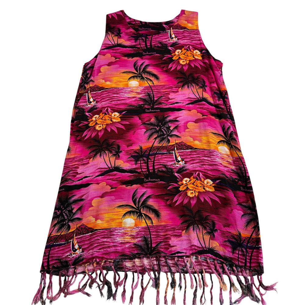 vintage Y2K souvenir Bahamas beach dress pink floral tropical fringe hem Large